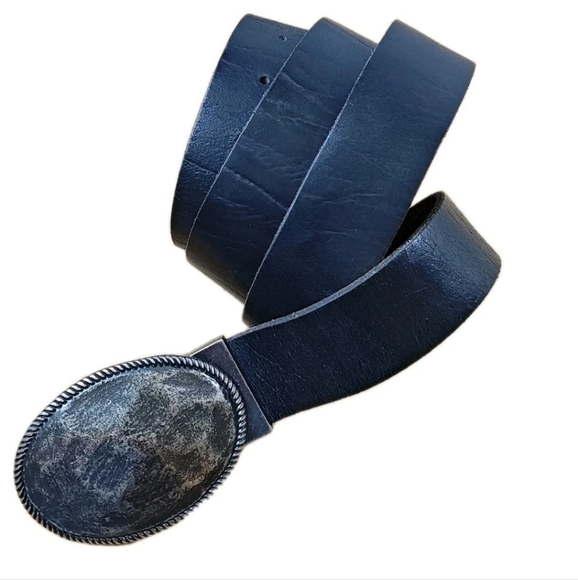 Vintage England Express Black Leather Belt Sz 40 Hammered Gunmetal Oval Buckle